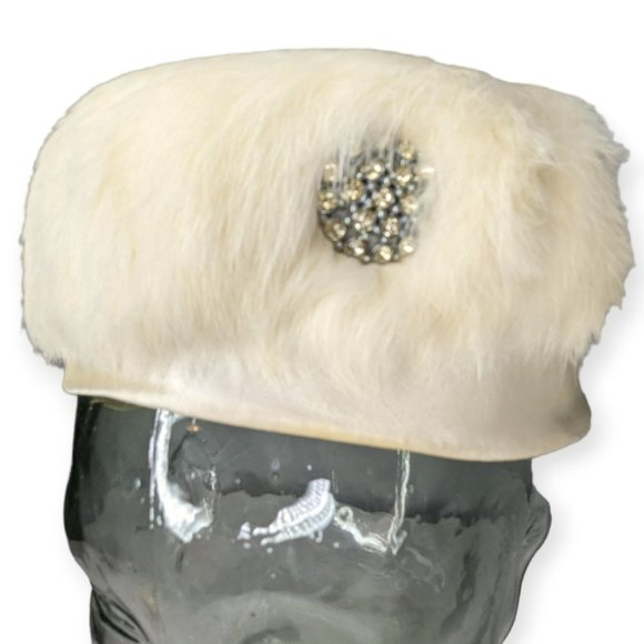 Vintage Ivory Rabbit Fur Pill Box Hat with Rhinestone Accent main image 7